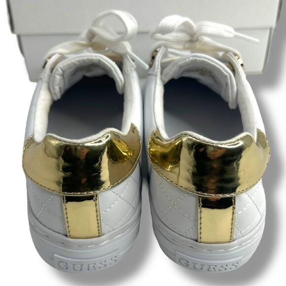NEW Guess White Sneakers 7.5 Gold Embellished Loven Lace Up Sneakers Quilted - Picture 5 of 13